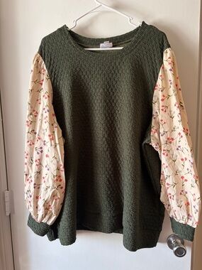 LuLaRoe Olive Green Textured Top with Floral Puff Sleeves